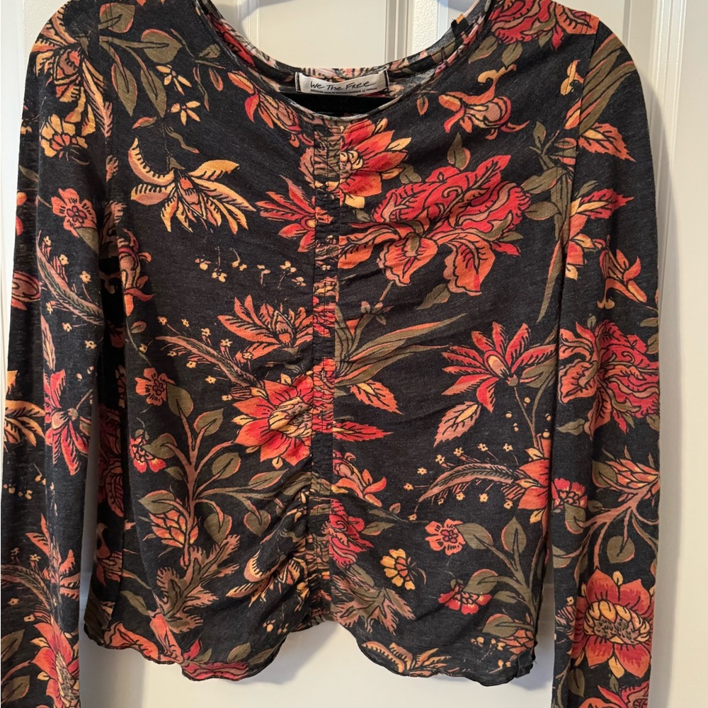Free People Fitted Tee with Rusching; Floral Print, Semi Sheer, Charcoal color